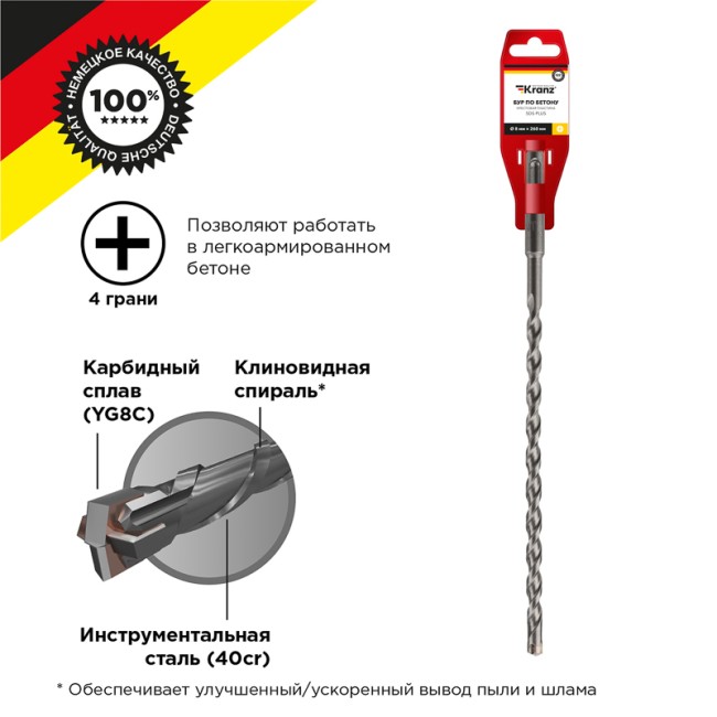 Бур по бетону 8x260x200 мм крестовая пластина SDS PLUS Kranz