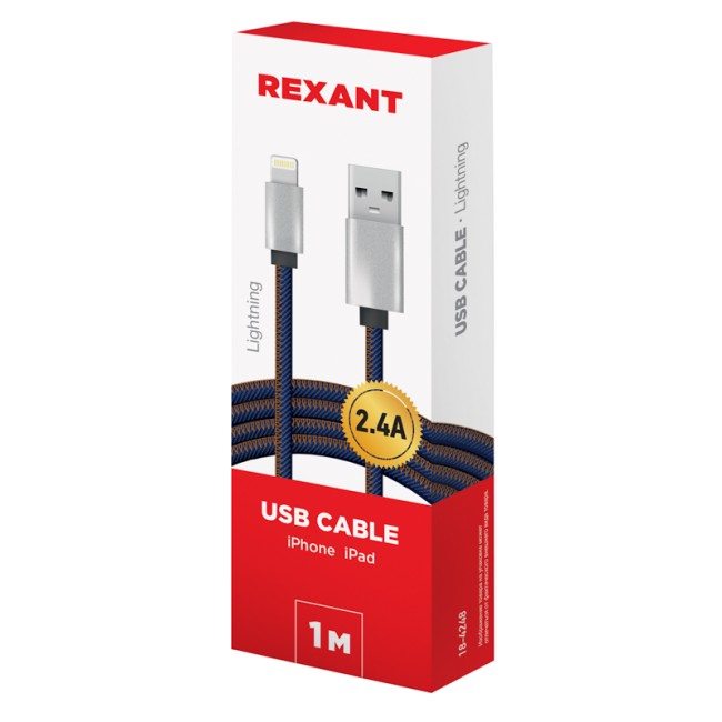 Кабель USB-Lightning для iPhone/2,4A/nylon/denim/1m/REXANT Кабель USB-Lightning для iPhone/2,4A/nylon/denim/1m/REXANT