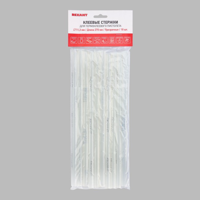 Стержни клеевые Ø11мм, 270мм, прозрачные (10 шт/уп),хедер REXANT