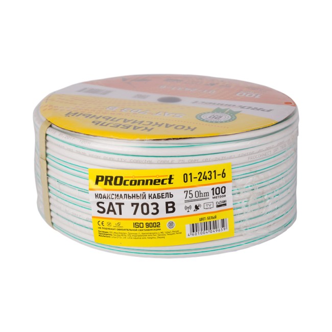 Кабель коаксиальный SAT 703 B, Cu/Al/Cu, 64%, 75Ом, 100м, INDOOR, белый PROconnect Кабель коаксиальный SAT 703 B, Cu/Al/Cu, 64%, 75Ом, 100м, INDOOR, белый PROconnect