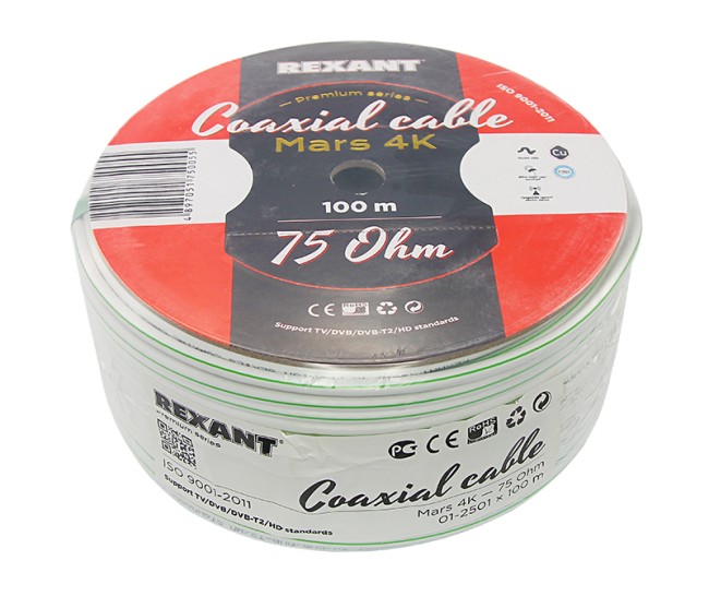 Кабель коаксиальный MARS 4K, Cu/Al/CuSn, 96%, 75Ом, 100м, INDOOR, белый REXANT