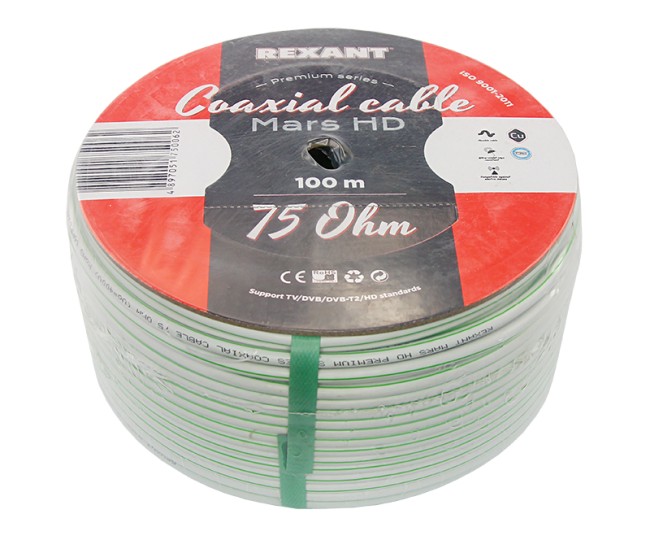 Кабель коаксиальный MARS HD, Cu/Al/CuSn, 96%, 75Ом, 100м, INDOOR, белый REXANT