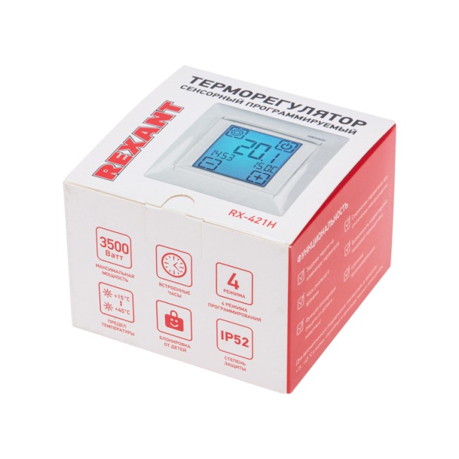Терморегулятор сенсорный программируемый RX-421H белый (совместим с Legrand серии Valena) REXANT Терморегулятор сенсорный программируемый RX-421H белый (совместим с Legrand серии Valena) REXANT