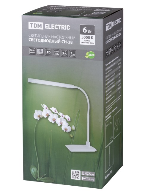 Светильник светодиодный настольный СН-28, 6 Вт, сенсор-диммер, 5000 К, 220 В, белый, TDM Светильник светодиодный настольный СН-28, 6 Вт, сенсор-диммер, 5000 К, 220 В, белый, TDM