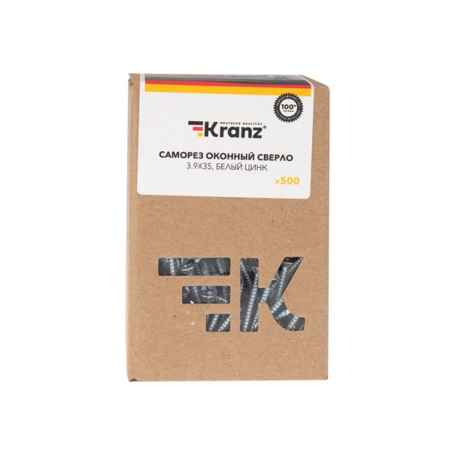 Саморез оконный KRANZ сверло, 3.9х35, белый цинк, короб (500 шт./уп.)