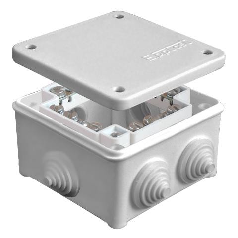 Коробка распределительная ОП 85х85х45мм IP54 с клемм. 7 выходов 3 гермоввода 16А 24 контакта крышка на винтах сер. Epplast 130124 Коробка распределительная ОП 85х85х45мм IP54 с клемм. 7 выходов 3 гермоввода 16А 24 контакта крышка на винтах сер. Epplast 130124