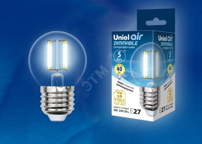 Лампа светодиодная LED 5вт 200-250В шар диммируемый 450Лм Е27 4000К Uniel Air филамент