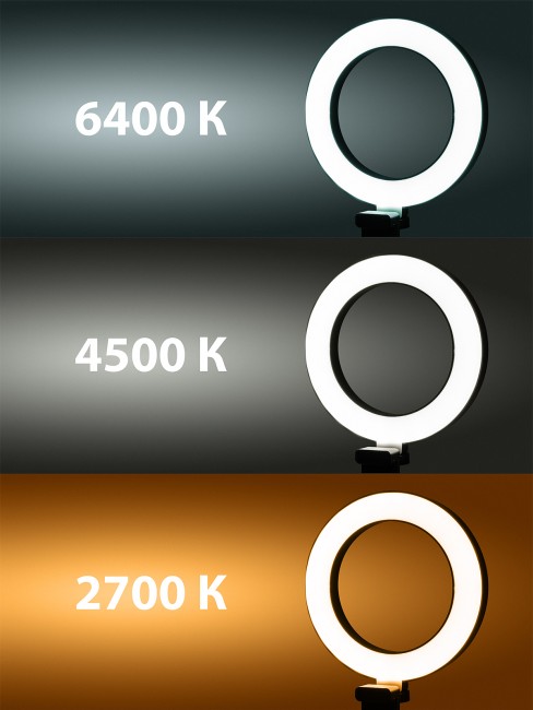 Лампа кольцевая светодиодная 16 см, 6 Вт, 2700-6400 К, штатив наст., диммер, USB, TDM