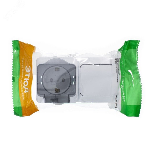 ЭТЮД Блок Выключатель одноклавишный/Розетка наружная с заземлением со шторками IP44 белый