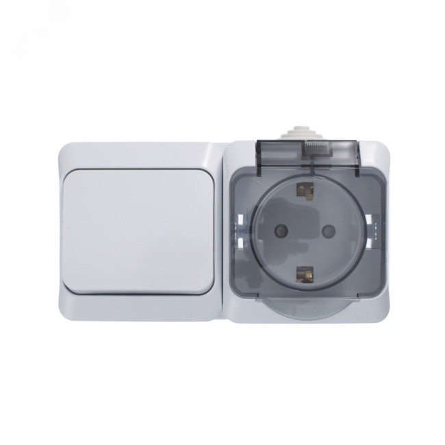 ЭТЮД Блок Выключатель одноклавишный/Розетка наружная с заземлением со шторками IP44 белый
