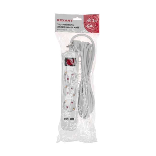 Удлинитель STANDARD 3 гнезда, 3м, 3х1,0мм², с/з, с выключателем, 2 USB, белый REXANT Удлинитель STANDARD 3 гнезда, 3м, 3х1,0мм², с/з, с выключателем, 2 USB, белый REXANT