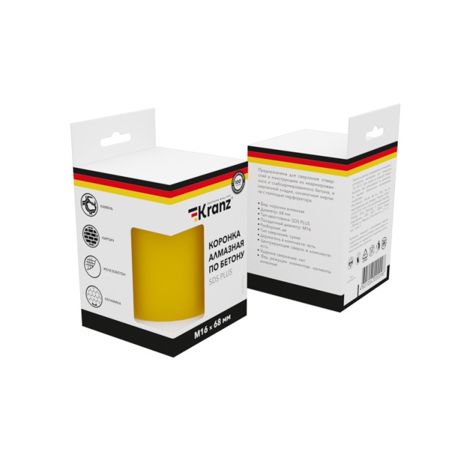 Коронка алмазная по бетону 68мм, L=90мм, М16, сегмент, SDS PLUS KRANZ Коронка алмазная по бетону 68мм, L=90мм, М16, сегмент, SDS PLUS KRANZ