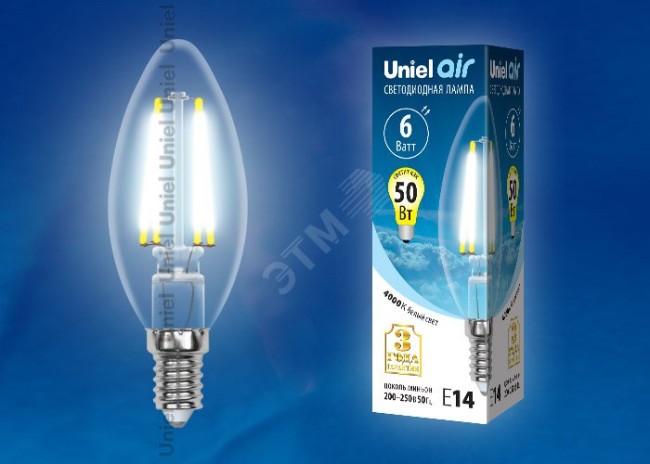 LED-C35-6W/NW/E14/CL GLA01TR Лампа светодиодная. Форма ''свеча'', прозрачная. Серия Air. Белый свет (4000K). Картон. ТМ Uniel