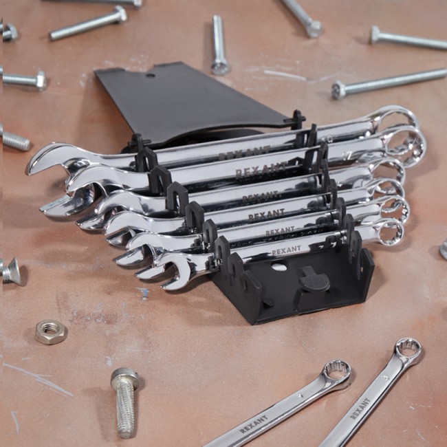 Набор ключей комбинированных (8-19мм), 8 шт, CrV, зеркальное хромирование REXANT  Набор ключей комбинированных (8-19мм), 8 шт, CrV, зеркальное хромирование REXANT