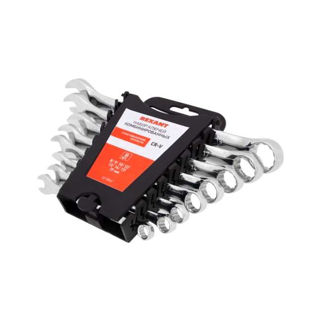 Набор ключей комбинированных (8-19мм), 8 шт, CrV, зеркальное хромирование REXANT  Набор ключей комбинированных (8-19мм), 8 шт, CrV, зеркальное хромирование REXANT