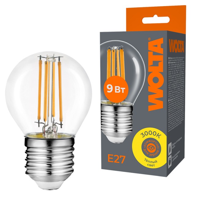Светодиодная лампа WOLTA FILAMENT WF-G45-9W3KE27 9Вт 3000K Е27 Светодиодная лампа WOLTA FILAMENT WF-G45-9W3KE27 9Вт 3000K Е27