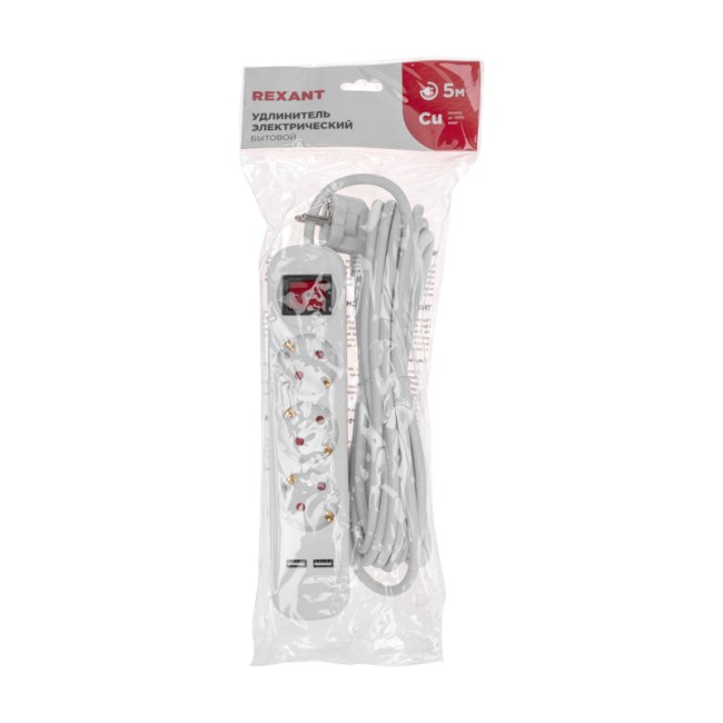 Удлинитель STANDARD 3 гнезда, 5м, 3х1,0мм², с/з, с выключателем, 2 USB, белый REXANT Удлинитель STANDARD 3 гнезда, 5м, 3х1,0мм², с/з, с выключателем, 2 USB, белый REXANT