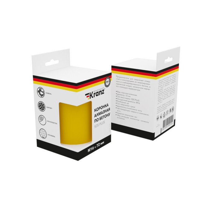Коронка алмазная по бетону 72мм, L=90мм, М16, сегмент, SDS PLUS KRANZ Коронка алмазная по бетону 72мм, L=90мм, М16, сегмент, SDS PLUS KRANZ