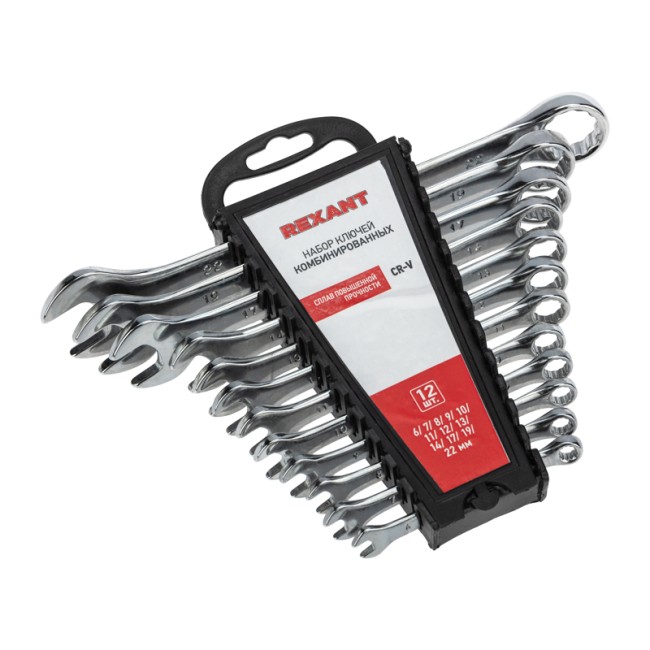Набор ключей комбинированных (6-14, 17, 19, 22мм) 12 шт, CrV, зеркальное хромирование REXANT Набор ключей комбинированных (6-14, 17, 19, 22мм) 12 шт, CrV, зеркальное хромирование REXANT
