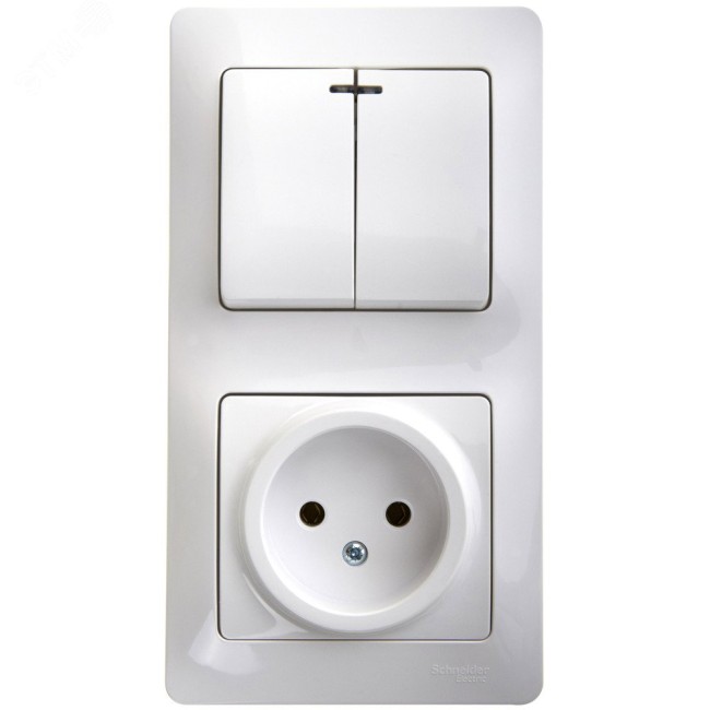 Блок: розетка + выключатель двухклавишный с подсветкой белый Блок: розетка + выключатель двухклавишный с подсветкой белый