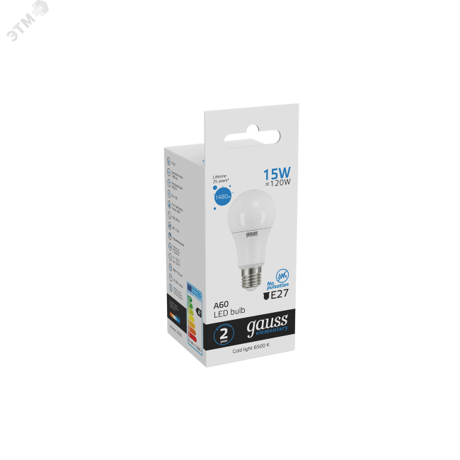 Лампа светодиодная LED 15 Вт 1480 Лм 6500К холодная E27 А60 Elementary Gauss