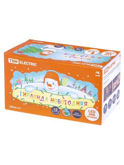 Гирлянда новогодняя  светодиодная, СГ 200 З, 220 В, зеленый шнур, многоцветная, 10  м, 8 режимов TDM Гирлянда новогодняя  светодиодная, СГ 200 З, 220 В, зеленый шнур, многоцветная, 10  м, 8 режимов TDM