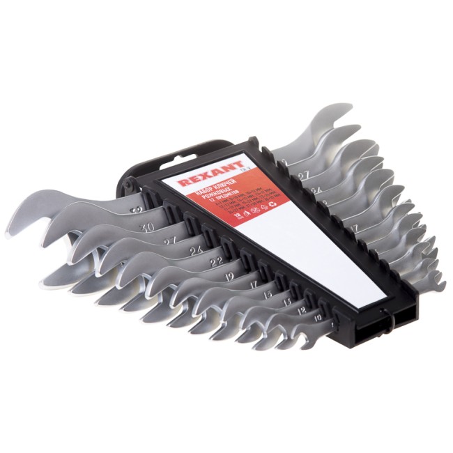 Набор ключей рожковых 6-32мм 12 предметов CrV, зеркальное хромирование REXANT  Набор ключей рожковых 6-32мм 12 предметов CrV, зеркальное хромирование REXANT