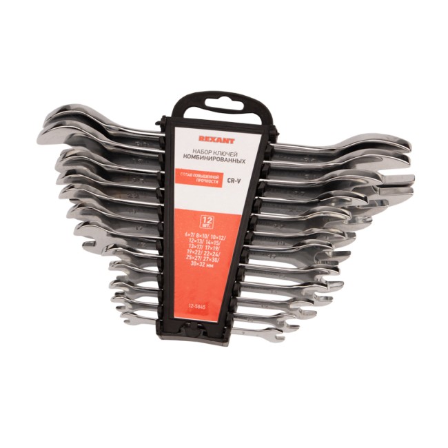 Набор ключей рожковых 6-32мм 12 предметов CrV, зеркальное хромирование REXANT  Набор ключей рожковых 6-32мм 12 предметов CrV, зеркальное хромирование REXANT