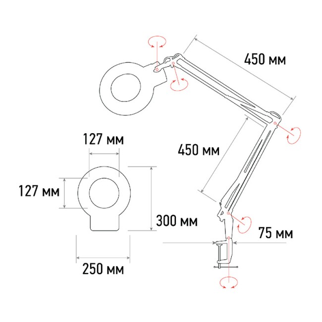 Лупа на струбцине круглая 5D с подсветкой 56 SMD LED, ø127мм, черная REXANT Лупа на струбцине круглая 5D с подсветкой 56 SMD LED, ø127мм, черная REXANT