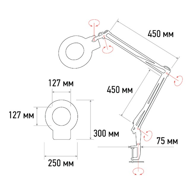 Лупа на струбцине круглая 5D с подсветкой 96 SMD LED, теплый и холодный свет, ø127мм, белая REXANT Лупа на струбцине круглая 5D с подсветкой 96 SMD LED, теплый и холодный свет, ø127мм, белая REXANT