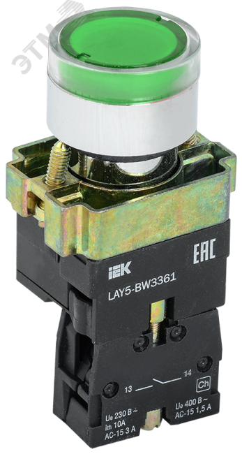 Кнопка управления зеленая LAY5-BW3361 1НО с подсветкой 240В