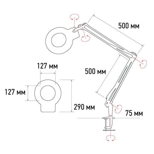 Лупа на струбцине круглая 5D с подсветкой, ø127мм, белая REXANT Лупа на струбцине круглая 5D с подсветкой, ø127мм, белая REXANT