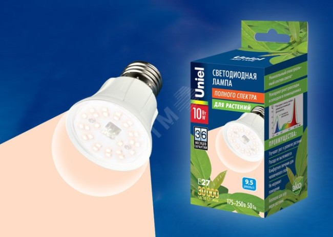 Лампа светодиодная для растений LED-A60-10W/SPFR/E27/CL PLP01WH спектр для фотосинтеза Форма A пластик Uniel