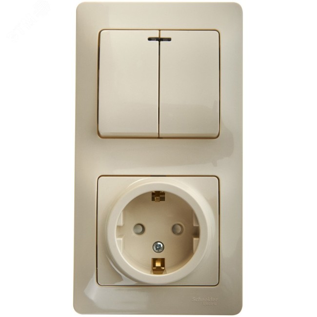 Блок: розетка с заземлением со шторками + выключатель двухклавишный с подсветкой бежевый Блок: розетка с заземлением со шторками + выключатель двухклавишный с подсветкой бежевый
