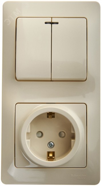 Блок: розетка с заземлением со шторками + выключатель двухклавишный с подсветкой бежевый Блок: розетка с заземлением со шторками + выключатель двухклавишный с подсветкой бежевый