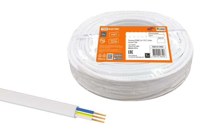 Провод ПГВВП 3х1 ГОСТ (20м), белый TDM Провод ПГВВП 3х1 ГОСТ (20м), белый TDM