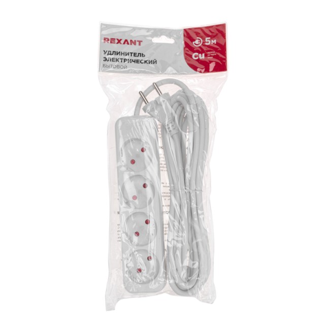 Удлинитель STANDARD 4 гнезда, 5м, 2х1,0мм², б/з, белый REXANT Удлинитель STANDARD 4 гнезда, 5м, 2х1,0мм², б/з, белый REXANT