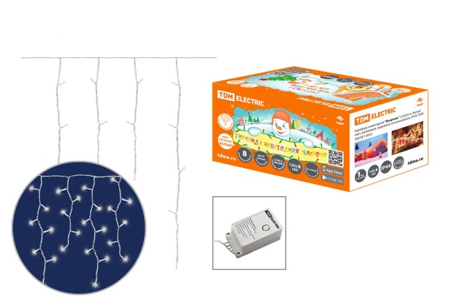 Гирлянда новогодняя "Бахрома" 2,5х0,6 м, белый свет, 8 режимов, наружное использование, IP44, TDM Гирлянда новогодняя "Бахрома" 2,5х0,6 м, белый свет, 8 режимов, наружное использование, IP44, TDM