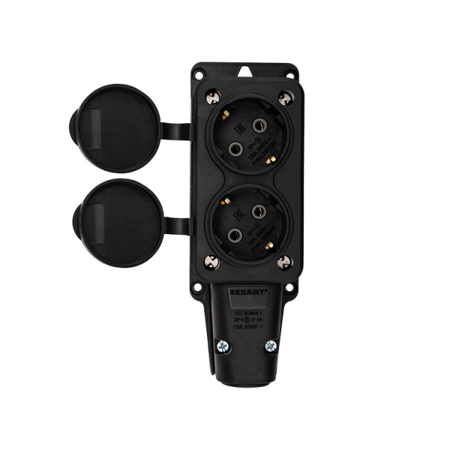 Розетка штепсельная двухместная влагозащищенная, с/з, 16 А, IP54 каучук REXANT