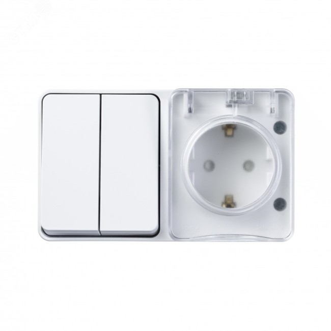 AtlasDesign Profi54 О/У БЛОК: розетка с заземлением со шторками 16А 250B, выключатель двухклавишный IP54 10А, БЕЛЫЙ, Россия AtlasDesign Profi54 О/У БЛОК: розетка с заземлением со шторками 16А 250B, выключатель двухклавишный IP54 10А, БЕЛЫЙ, Россия