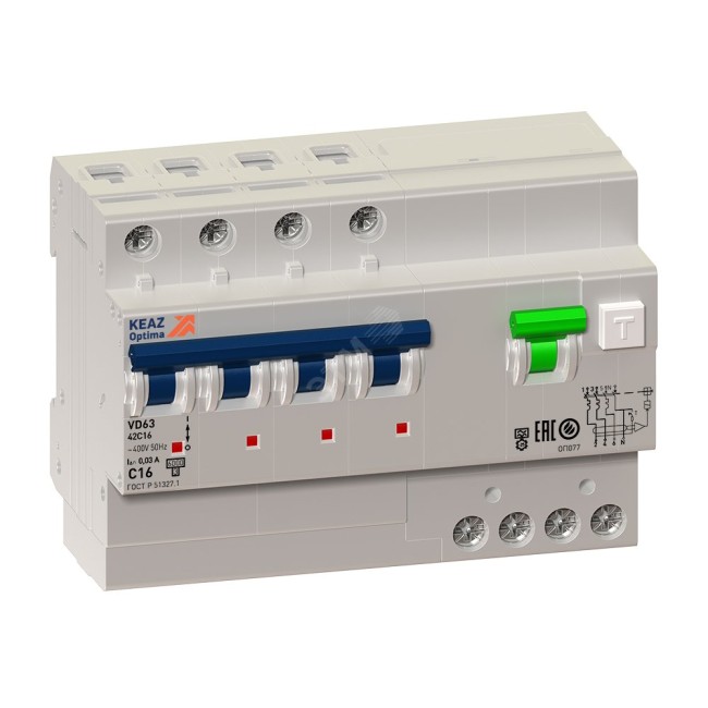 Выключатель автоматический дифференциального тока АВДТ с защитой от сверхтоков 4П 63А 30мА AC OptiDin VD63-42C63-A-УХЛ4