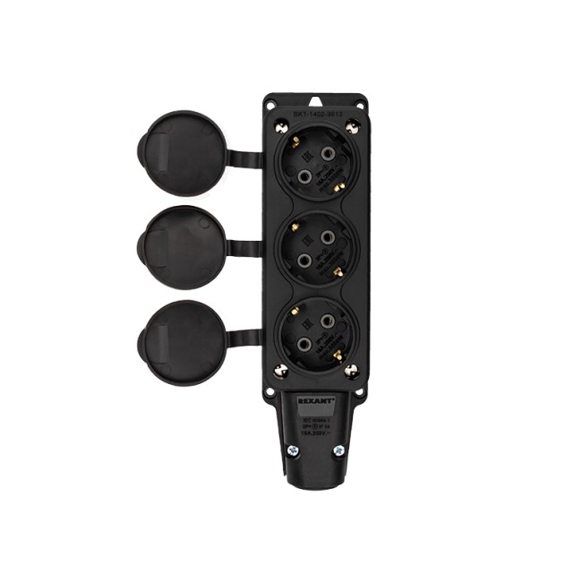 Розетка штепсельная трехместная влагозащищенная, с/з, 16 А, IP54 каучук REXANT