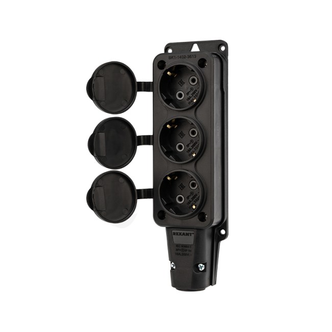Розетка штепсельная трехместная влагозащищенная, с/з, 16 А, IP54 каучук REXANT