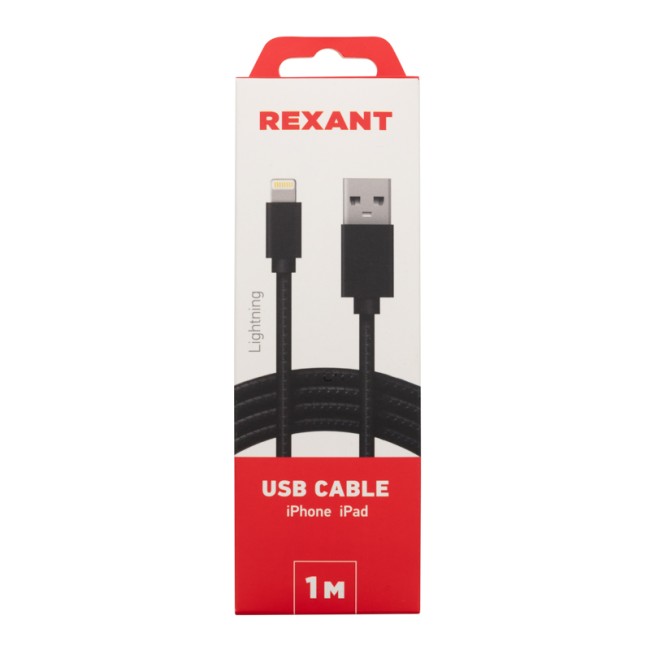 Кабель REXANT USB-Lightning 1 м, черная нейлоновая оплетка