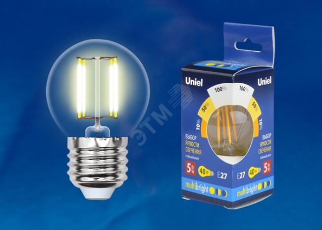 Лампа светодиодная с трехступенчатым диммером 100-50-10 LED 5вт 175-250В шар 420Лм Е27 3000К Uniel Multibrigh филамент