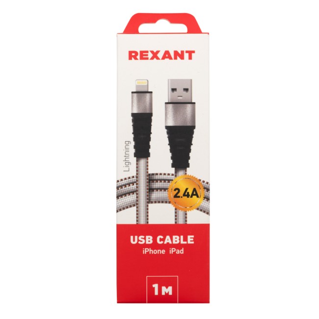 Кабель REXANT USB-Lightning 2.4 A, 1 м, белая нейлоновая оплетка Кабель REXANT USB-Lightning 2.4 A, 1 м, белая нейлоновая оплетка