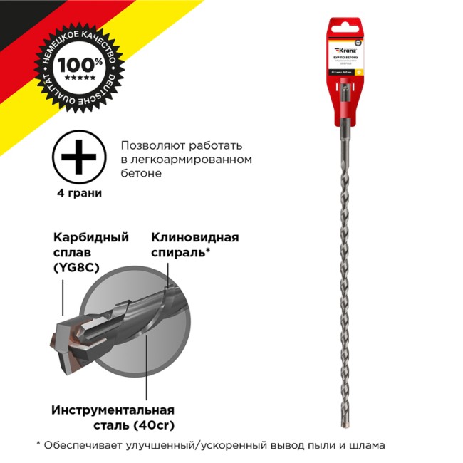 Бур по бетону 8x460x400 мм крестовая пластина SDS PLUS Kranz