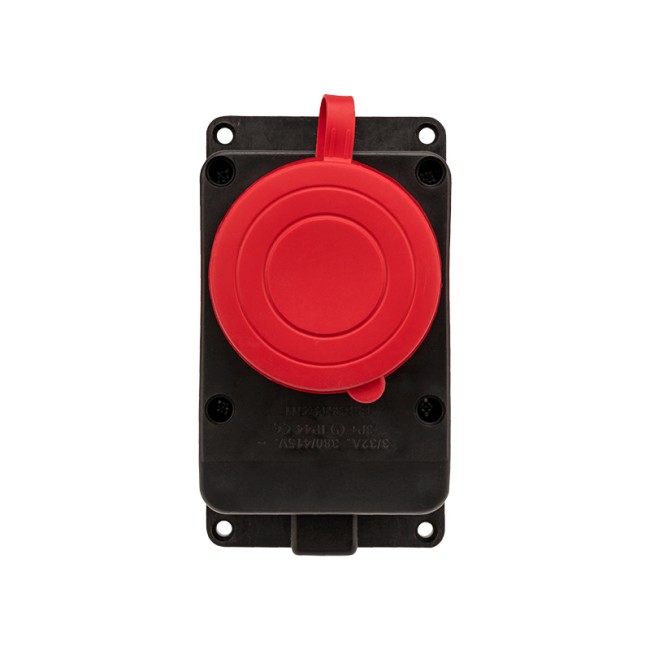 Розетка влагозащищенная настенная с крышкой, 3Р+РЕ, 32 А IP44 черная каучук REXANT