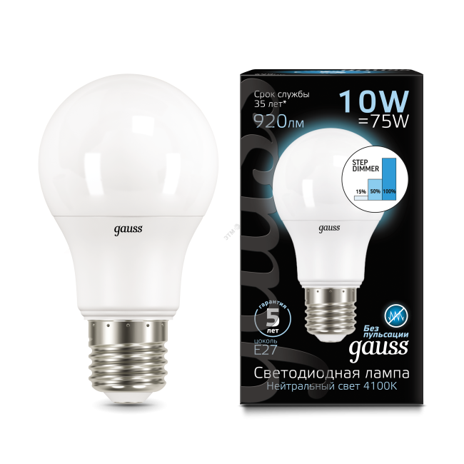 Лампа светодиодная LED 10 Вт 920 Лм 4100К белая E27 A60 шаг. диммирование Black Gauss