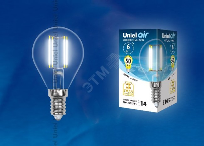 LED-G45-6W/NW/E14/CL GLA01TR Лампа светодиодная. Форма ''шар'', прозрачная. Серия Air. Белый свет (4000K). Картон. ТМ Uniel